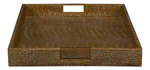 Sarreid Norton Antique Green Croco Leather Tray - Elegant Wood, Brass & Steel Accents For Stylish Decor Green  54014-3