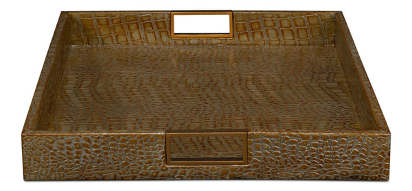 Sarreid Norton Antique Green Croco Leather Tray - Elegant Wood, Brass & Steel Accents For Stylish Decor Green  54014-3