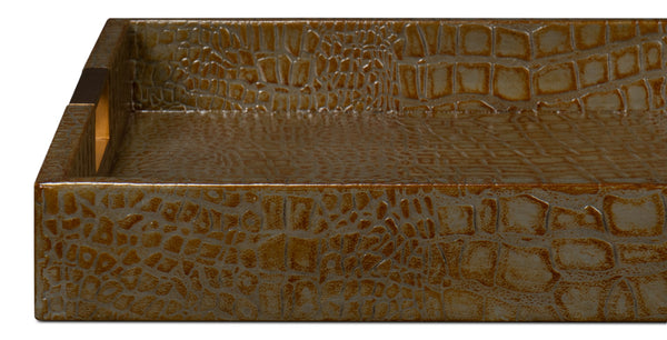 Sarreid Norton Antique Green Croco Leather Tray - Elegant Wood, Brass & Steel Accents For Stylish Decor Green  54014-3