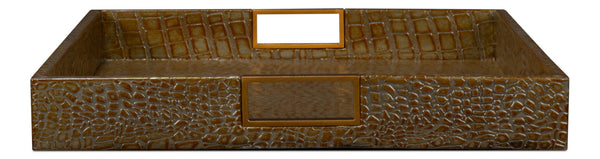Sarreid Norton Antique Green Croco Leather Tray - Elegant Wood, Brass & Steel Accents For Stylish Decor Green  54014-3