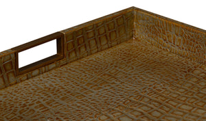 Sarreid Norton Antique Green Croco Leather Tray - Elegant Wood, Brass & Steel Accents For Stylish Decor Green  54014-3