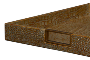 Sarreid Norton Antique Green Croco Leather Tray - Elegant Wood, Brass & Steel Accents For Stylish Decor Green  54014-3