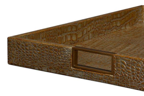 Sarreid Norton Antique Green Croco Leather Tray - Elegant Wood, Brass & Steel Accents For Stylish Decor Green  54014-3