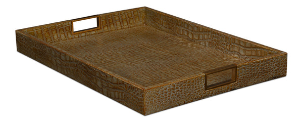 Sarreid Norton Antique Green Croco Leather Tray - Elegant Wood, Brass & Steel Accents For Stylish Decor Green  54014-3