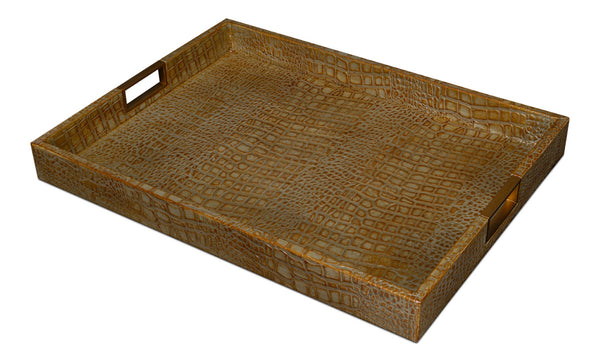 Sarreid Norton Antique Green Croco Leather Tray - Elegant Wood, Brass & Steel Accents For Stylish Decor Green  54014-3