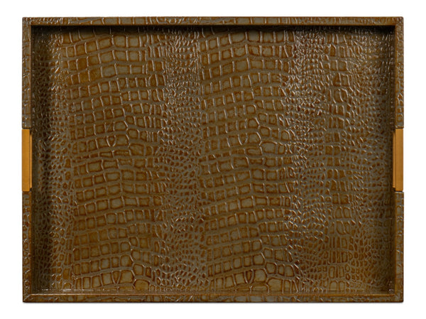 Sarreid Norton Antique Green Croco Leather Tray - Elegant Wood, Brass & Steel Accents For Stylish Decor Green  54014-3