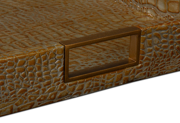 Sarreid Norton Antique Green Croco Leather Tray - Elegant Wood, Brass & Steel Accents For Stylish Decor Green  54014-3