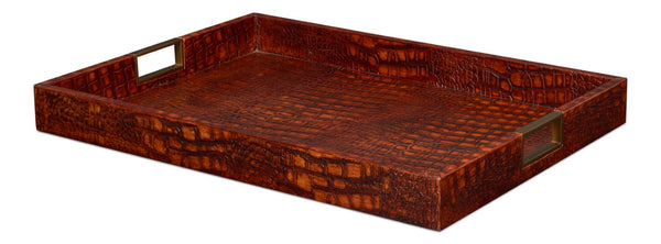 Sarreid Norton Leather Tray In Elegant Croco Tan – Luxurious Tessoro Leather With Wood And Brass Accents Brown  54014-4