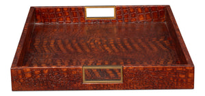 Sarreid Norton Leather Tray In Elegant Croco Tan – Luxurious Tessoro Leather With Wood And Brass Accents Brown  54014-4