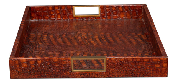 Sarreid Norton Leather Tray In Elegant Croco Tan – Luxurious Tessoro Leather With Wood And Brass Accents Brown  54014-4