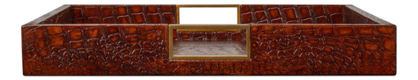 Sarreid Norton Leather Tray In Elegant Croco Tan – Luxurious Tessoro Leather With Wood And Brass Accents Brown  54014-4