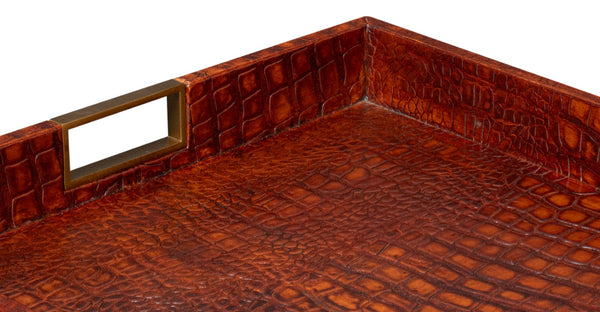 Sarreid Norton Leather Tray In Elegant Croco Tan – Luxurious Tessoro Leather With Wood And Brass Accents Brown  54014-4