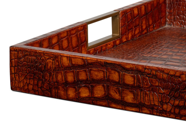 Sarreid Norton Leather Tray In Elegant Croco Tan – Luxurious Tessoro Leather With Wood And Brass Accents Brown  54014-4