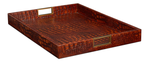 Sarreid Norton Leather Tray In Elegant Croco Tan – Luxurious Tessoro Leather With Wood And Brass Accents Brown  54014-4