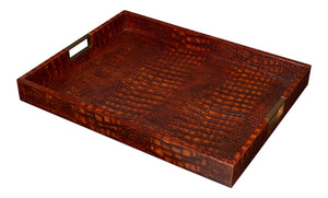Sarreid Norton Leather Tray In Elegant Croco Tan – Luxurious Tessoro Leather With Wood And Brass Accents Brown  54014-4