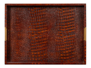 Sarreid Norton Leather Tray In Elegant Croco Tan – Luxurious Tessoro Leather With Wood And Brass Accents Brown  54014-4