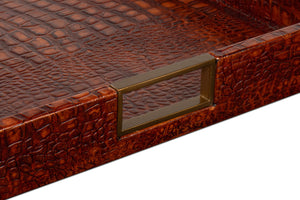 Sarreid Norton Leather Tray In Elegant Croco Tan – Luxurious Tessoro Leather With Wood And Brass Accents Brown  54014-4