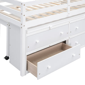 English Elm Twin Loft Bed Pinewood Frame Four Drawers Retractable Study Desk Kids Bedroom White LT000368AAK