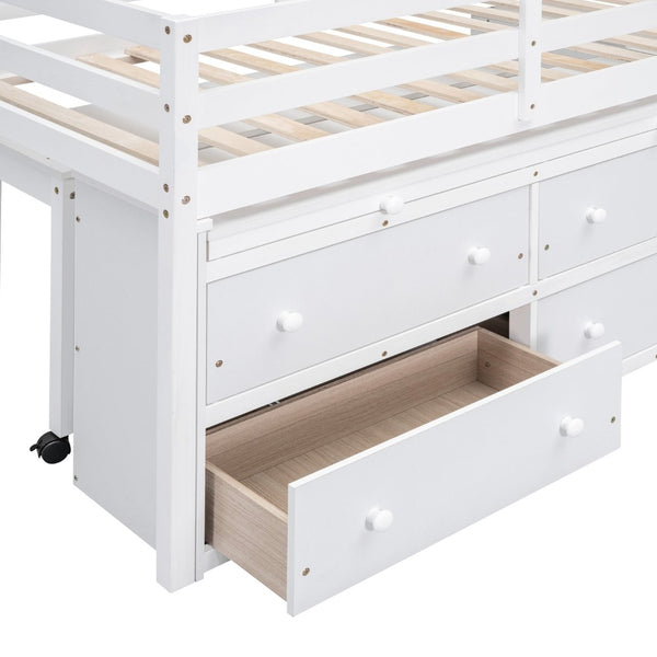 English Elm Twin Loft Bed Pinewood Frame Four Drawers Retractable Study Desk Kids Bedroom White LT000368AAK