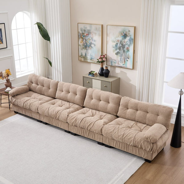 English Elm Modular Cloud Sectional Sofa Flannelette Upholstered Deep Seat with Plush Round Armrests Light Brown W2120S00042