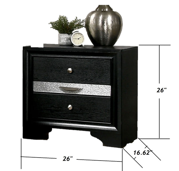English Elm Contemporary Nightstand with Silver Accents, Solid Wood Veneer, English Dovetail Drawer, Sleek Shine Black 30 L x 20 W x 30 H B2741P375932