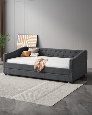 English Elm Twin Size Daybed With Trundle - Elegant Upholstered Sofa Bed In Dark Grey With Button Tufting & Copper Accents W2336S00041-GIGA