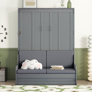 English Elm Queen Murphy Wall Bed with Integrated Chair Espresso Cabinet for Studio Apartments Gray LP000791AAE-3