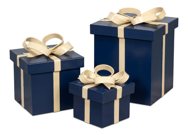 Sarreid Ferrell Leather Holiday Boxes Set Of 3 - Stylish Navy & Bone Decor For Elegant Gift Storage Blue  54025