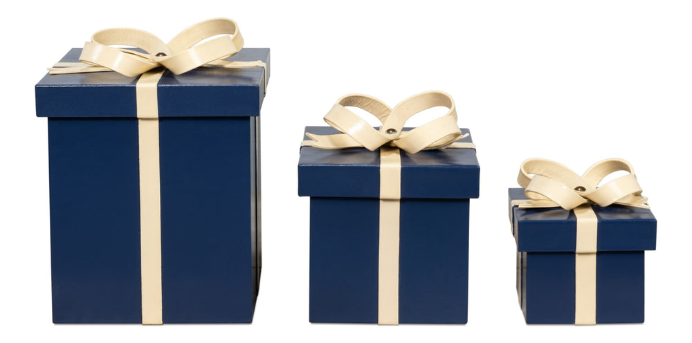 Sarreid Ferrell Leather Holiday Boxes Set Of 3 - Stylish Navy & Bone Decor For Elegant Gift Storage Blue  54025