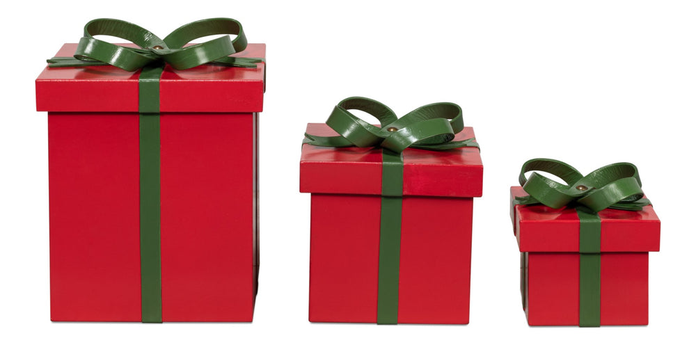 Sarreid Ferrell Leather Holiday Boxes Set Of 3 In Festive Red & Green - Perfect For Gift-giving & Décor! Red  54027