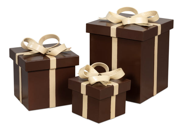 Sarreid Ferrell Leather Holiday Gift Boxes Set Of 3 - Elegant Chocolate & Bone Design For Stylish Gifting Brown  54029