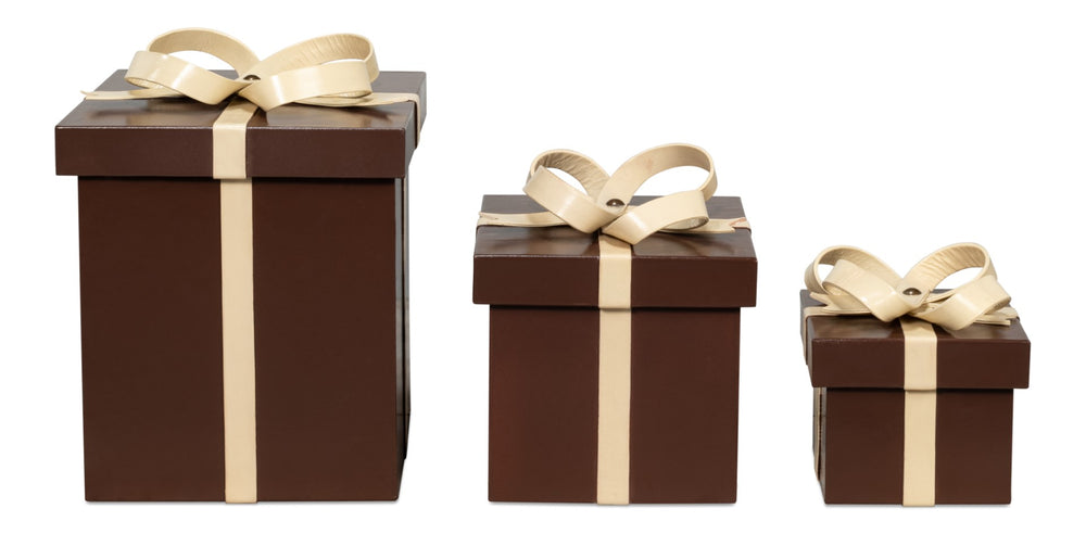 Sarreid Ferrell Leather Holiday Gift Boxes Set Of 3 - Elegant Chocolate & Bone Design For Stylish Gifting Brown  54029