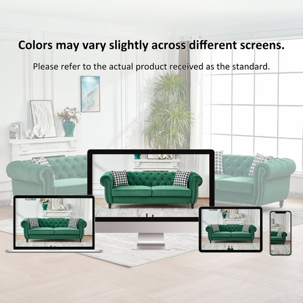 English Elm 3 Plus 2 Seater Chesterfield Velvet Sofa Set with Nailhead Trim for Living Room Green W3373S00066