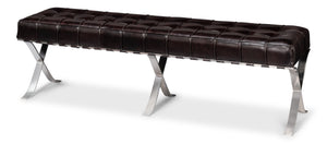 Sarreid Catalunya Long Bench - Luxurious Dark Brown Leather & Wood Design With Foam Comfort & Steel Accents Brown  54042