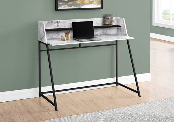 English Elm Computer Desk With Marble Look Surface, Black Metal Frame, Compact Storage For Home Office Use B2710P219835