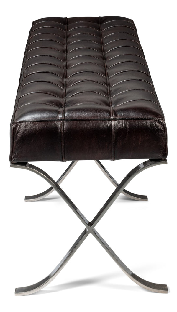Sarreid Catalunya Long Bench - Luxurious Dark Brown Leather & Wood Design With Foam Comfort & Steel Accents Brown  54042