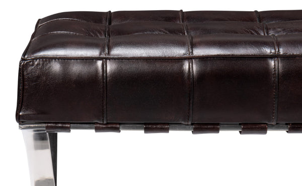 Sarreid Catalunya Long Bench - Luxurious Dark Brown Leather & Wood Design With Foam Comfort & Steel Accents Brown  54042