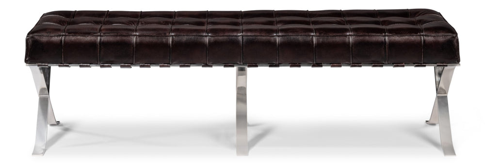 Sarreid Catalunya Long Bench - Luxurious Dark Brown Leather & Wood Design With Foam Comfort & Steel Accents Brown  54042