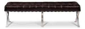 Sarreid Catalunya Long Bench - Luxurious Dark Brown Leather & Wood Design With Foam Comfort & Steel Accents Brown  54042