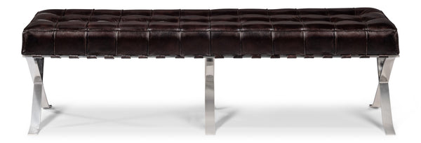 Sarreid Catalunya Long Bench - Luxurious Dark Brown Leather & Wood Design With Foam Comfort & Steel Accents Brown  54042