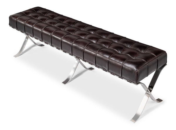 Sarreid Catalunya Long Bench - Luxurious Dark Brown Leather & Wood Design With Foam Comfort & Steel Accents Brown  54042