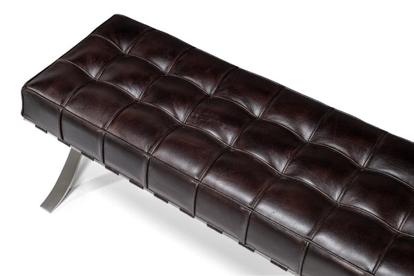 Sarreid Catalunya Long Bench - Luxurious Dark Brown Leather & Wood Design With Foam Comfort & Steel Accents Brown  54042