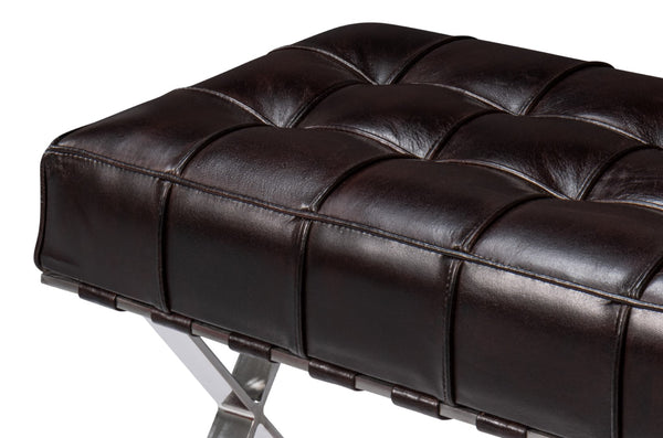 Sarreid Catalunya Long Bench - Luxurious Dark Brown Leather & Wood Design With Foam Comfort & Steel Accents Brown  54042
