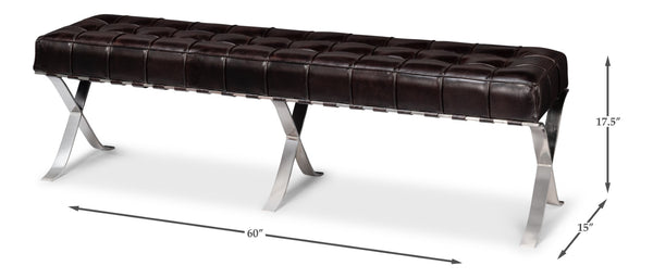 Sarreid Catalunya Long Bench - Luxurious Dark Brown Leather & Wood Design With Foam Comfort & Steel Accents Brown  54042