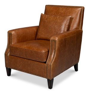 Sarreid Dimity Distilled Leather Chair - Luxurious Cuba Brown With Antique Brass Nail Heads & Wood Accents Brown  54055
