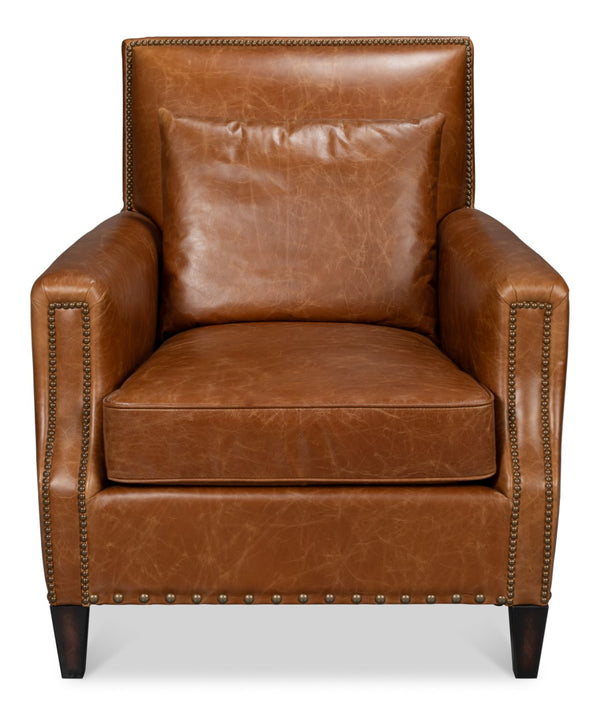 Sarreid Dimity Distilled Leather Chair - Luxurious Cuba Brown With Antique Brass Nail Heads & Wood Accents Brown  54055