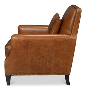 Sarreid Dimity Distilled Leather Chair - Luxurious Cuba Brown With Antique Brass Nail Heads & Wood Accents Brown  54055