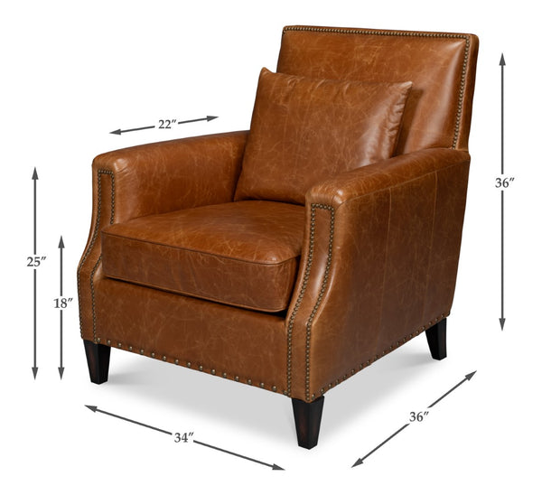 Sarreid Dimity Distilled Leather Chair - Luxurious Cuba Brown With Antique Brass Nail Heads & Wood Accents Brown  54055