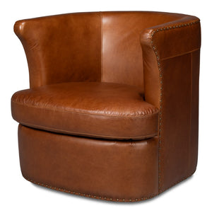 Sarreid Spencer Distilled Leather Swivel Chair With Antique Brass Nail Heads In Elegant Havana Brown Finish Brown  54056