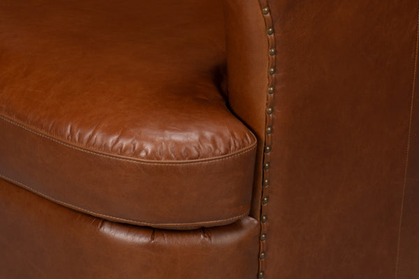 Sarreid Spencer Distilled Leather Swivel Chair With Antique Brass Nail Heads In Elegant Havana Brown Finish Brown  54056